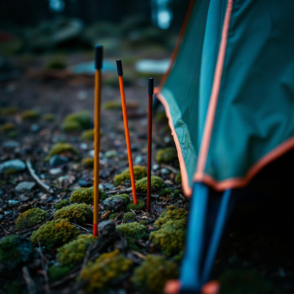 Stakes and a guyline in pine duff at the tent corner.