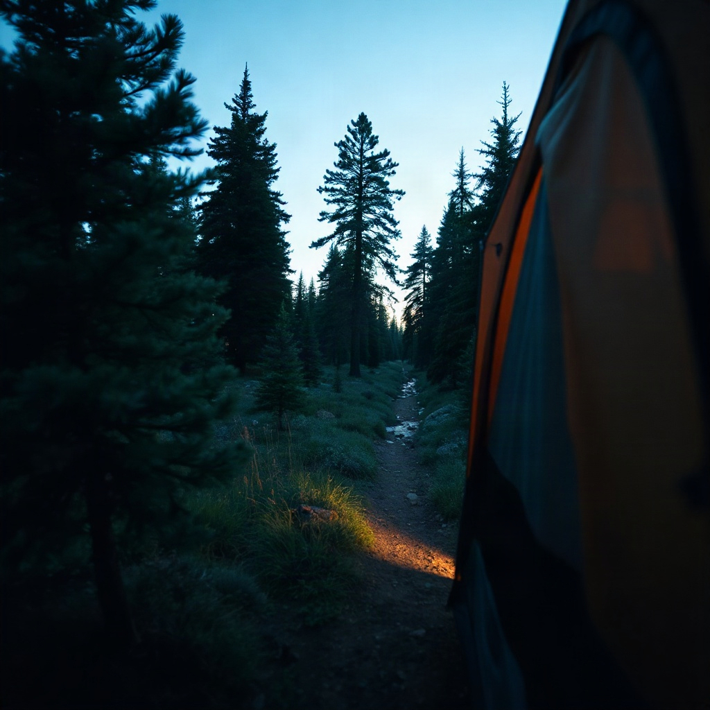 A downhill view through pines toward a creek.