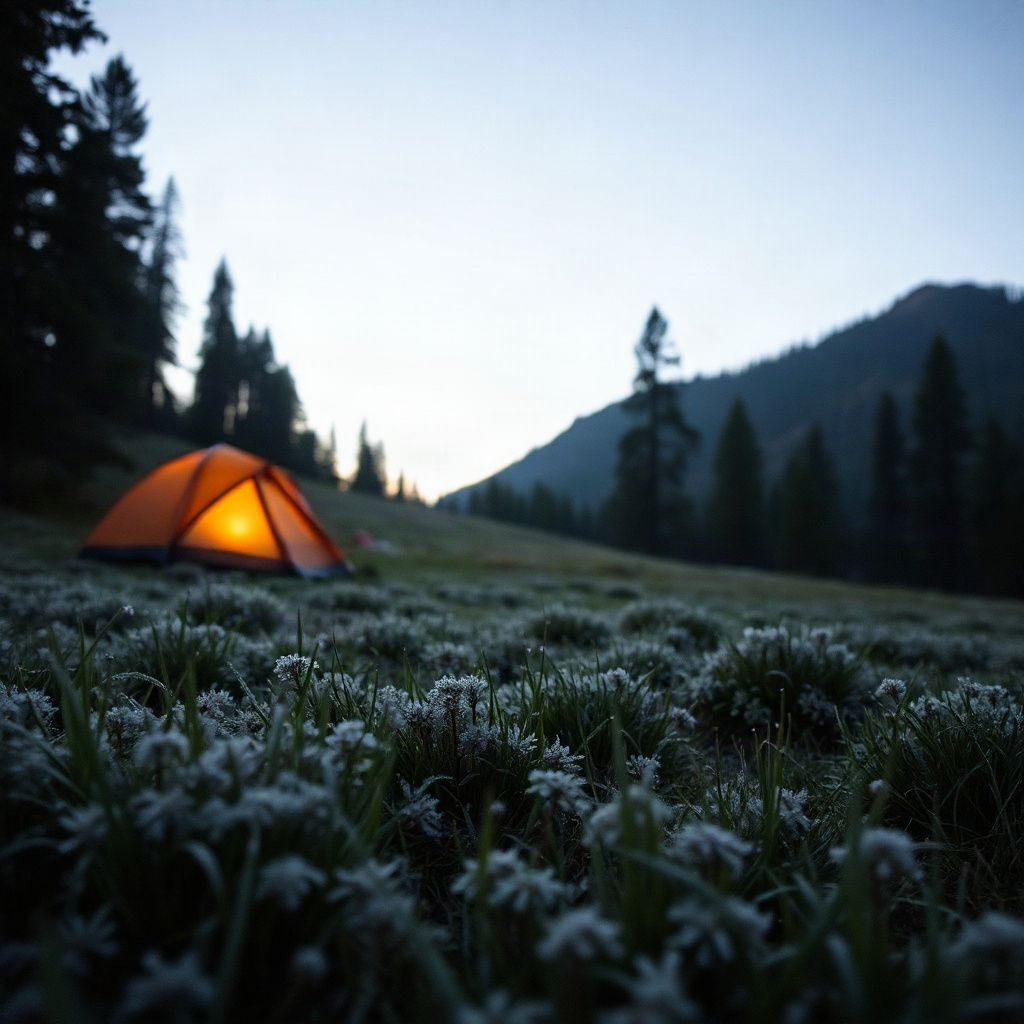 Frost on a meadow below a drier pine slope at first light.