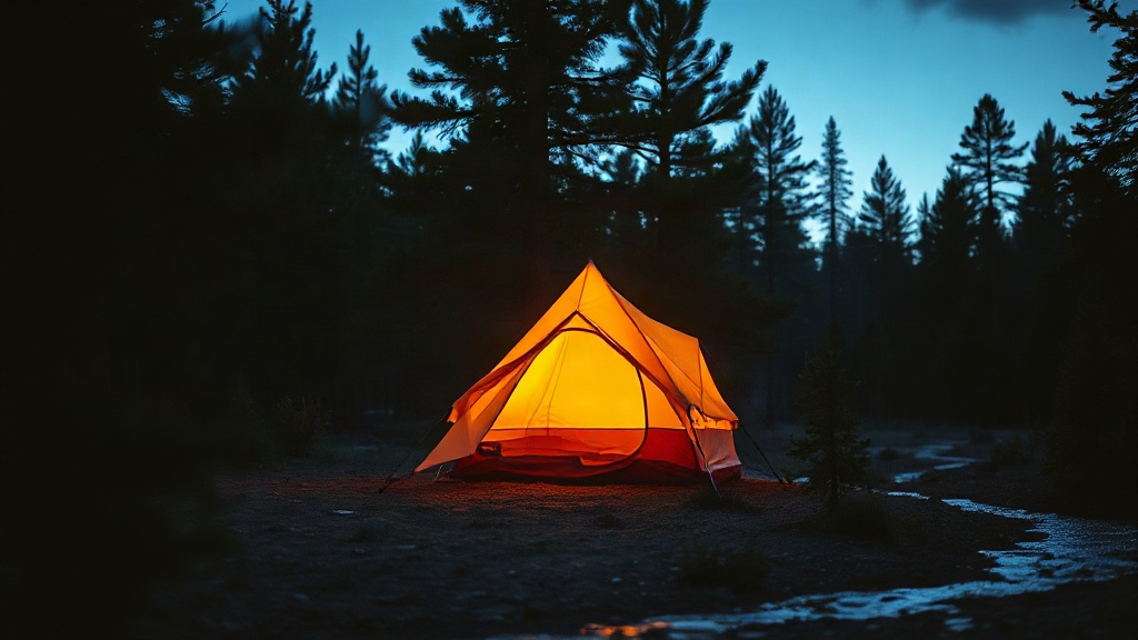 A tent in a pine clearing at dusk, door turned toward the wind.